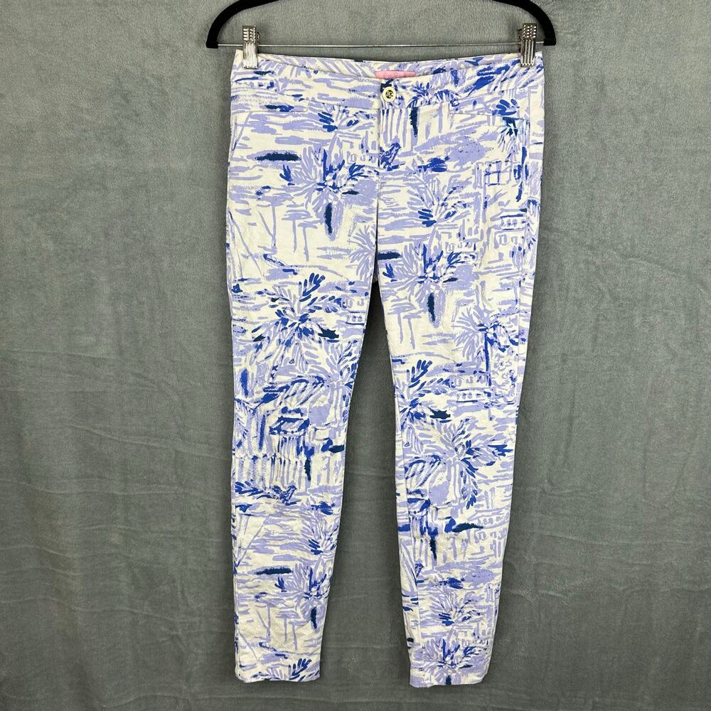 Lilly Pulitzer Kelly Ankle Pants Womens 0 Blue Palm Trees Skinny Tropical Beach
